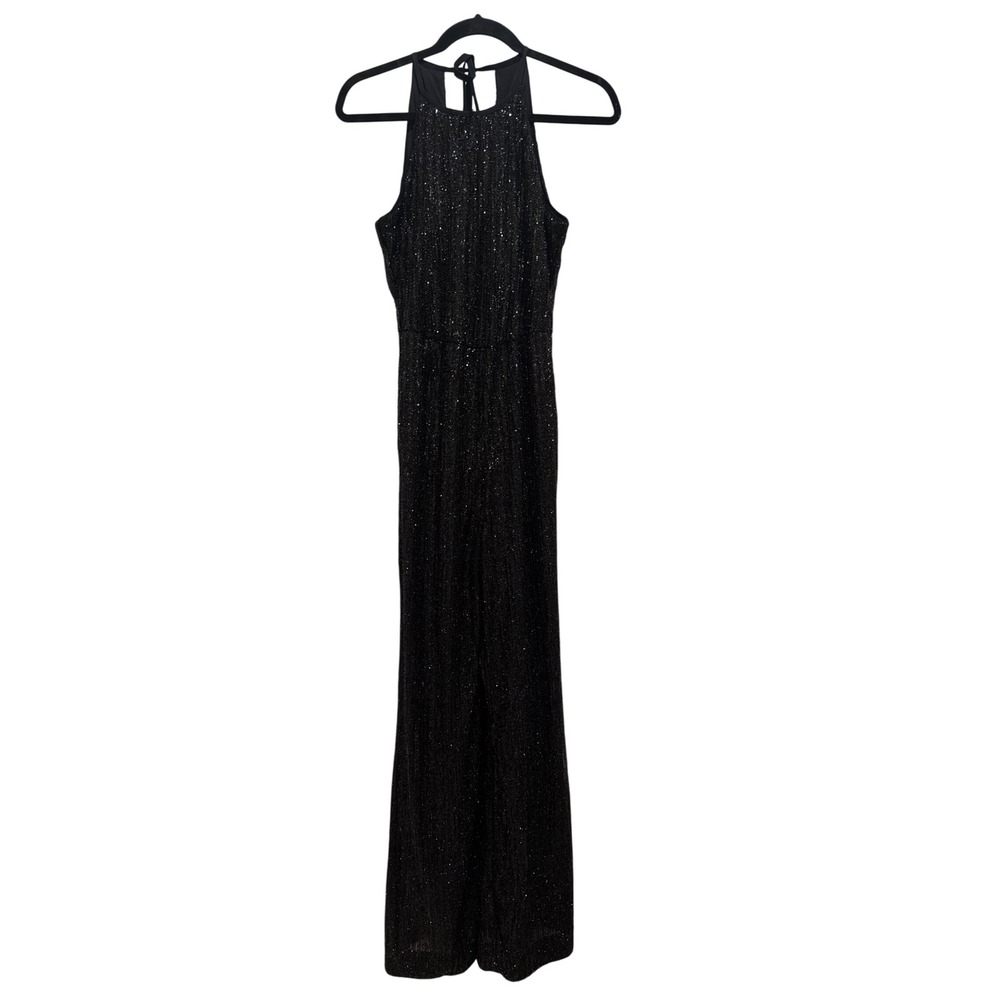 NEW Maeve Anthropologie Jumpsuit Size 0 Black Sequin Halter Wide Leg Evening